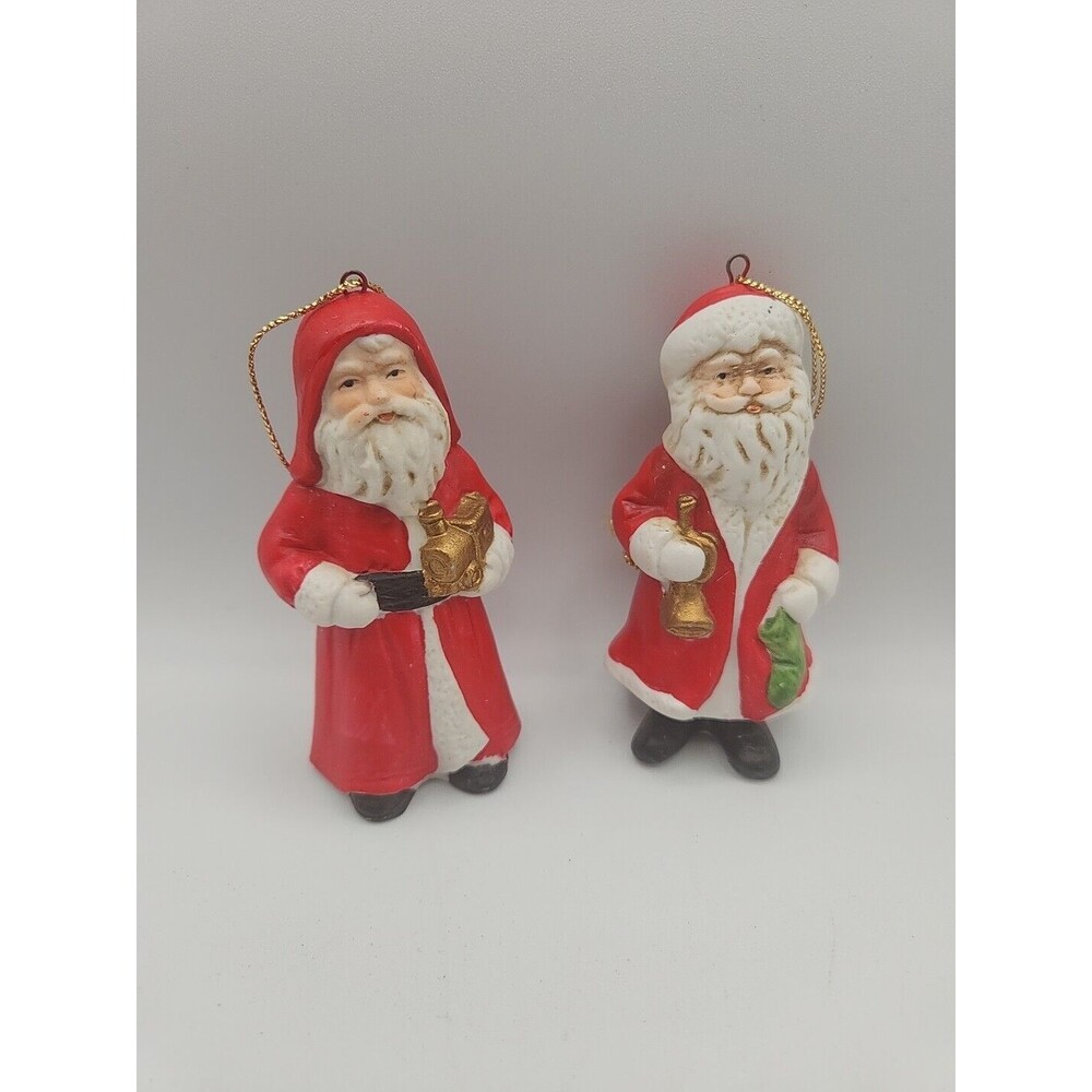 Vintage Santa Christmas Set 2 Ornaments Ardco Taiwan Porcelain 4" Holiday 1989